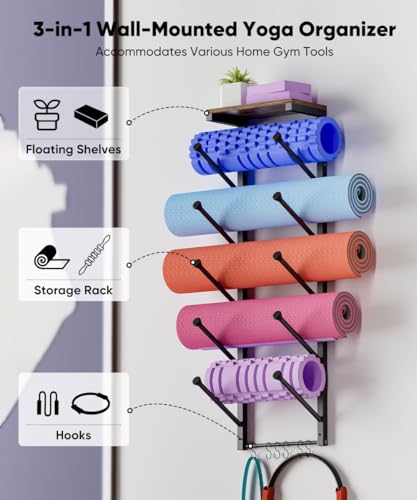 5 Tiers Yoga Mat Holder Rack Wall Mount with 6 Hooks for Hanging Accessory Yoga Strap Foam Rollers Resistance Bands, Yoga Mats Organizer with Floating Shelf for Home Gym Storage Fitness - color: Black