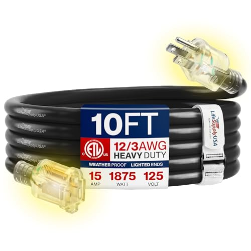 10ft Outdoor/Indoor Extension Cord 12/3 Gauge Extra Heavy Duty 3 Prong SJTW, Waterproof, ETL Listed, Flexible Cold-Resistant Long Power Cord,15A 125V 1875W, Black by LifeSupplyUSA - color: Black, size: 10 FT, style: 12 Gauge (EXTRA HEAVY DUTY)
