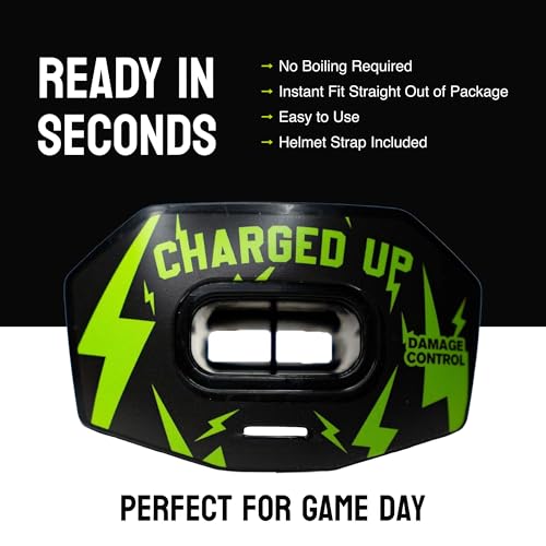 DAMAGE CONTROL Youth Football Mouth Guard – Breathable No Boil Mouthpiece, Protects Lips & Teeth, Works with Braces, Includes Helmet Strap – Sports Gear & Accessories (Charged Up) - color: Charged Up