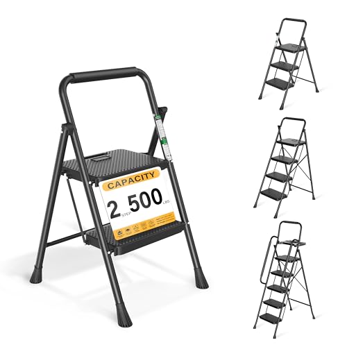 Arbusb Step Ladder, Folding Step Stool with Wide Anti-Slip Pedals, Sturdy Steel Ladder with Handrail, Space-Saving, Portable for Home & Adults, 2 Step Ladder - size: 2-step
