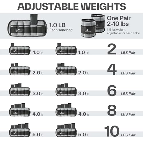Sportneer Adjustable Ankle Weights Set - 1 Pair (2-10 lbs) Removable Sandbags for Women & Men, Comfortable Neoprene Leg Weights for Walking, Running, Pilates, Yoga, Home Workout & Physical Therapy - color: Light Gray
