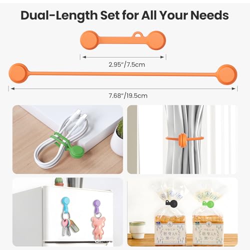 Tounee Reusable Silicone Magnetic Cable Ties - 2 Sizes Combo (4pcs 2.95'' + 10pcs 7.68'') - Multi-Purpose for Cable Bundling, Organizing, Bookmarks & Fridge Magnets - Assorted Colors, 14-Pack
