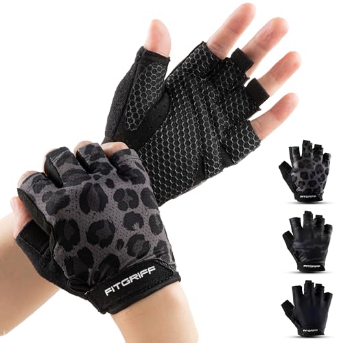 Fitgriff® Workout Gloves (Padded) for Men & Women - Fingerless Gym Gloves for Weight Lifting, Training - Full Palm Protection - color: Leopard, size: 5