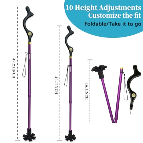 Walking Cane Foldable for Men & Women Seniors for Balance,Self Standing Folding,Height Adjustable Anti-Slip Lightweight Alloy Walking Stick for Travel Mobility Aid - color: Purple