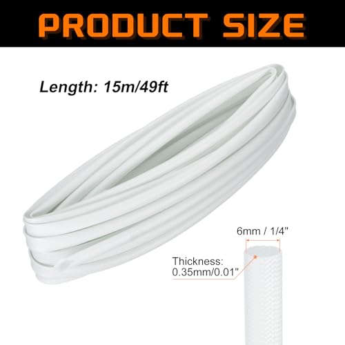 MECCANIXITY 49ft Braided Cable Sleeve, 1/4" ID 200C Heat Resistant 1500V Fiberglass Wire Insulation Cord Protector Organizer Wires Management for Motor Engine Fuel Line, White - color: White, size: 49ft-6.5mm
