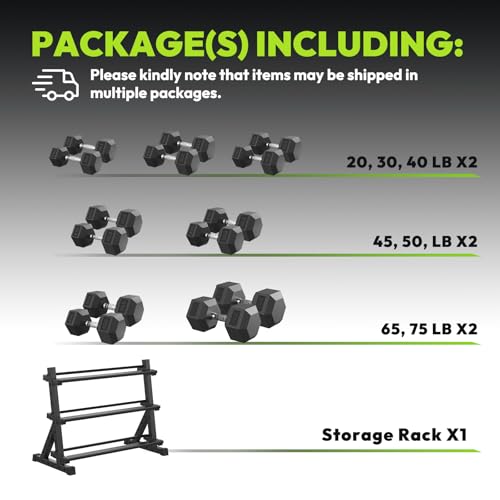 HANDBODE Rubber Coated Hex Dumbbell Set with Rack, 300-840 lb | Fixed Weights Sets with Heavy Duty Storage Stand, Multiple Weight Options Home Gym Equipment for Strength Training - style: 650 lb Set (20-75 lb) with Rack