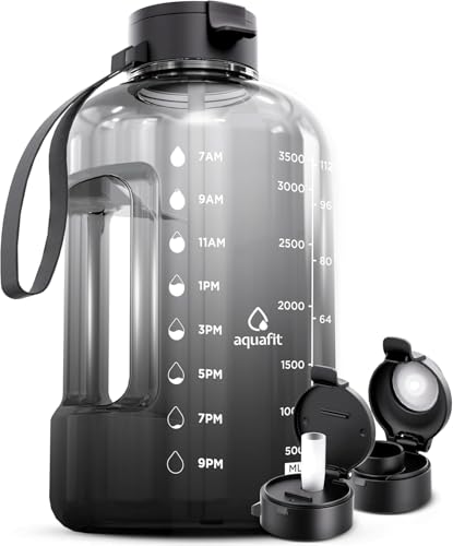 AQUAFIT 1 Gallon Water Bottle with Time Marker | BPA Free 128 oz Water Bottle with Straw and Chug Lids - Leakproof Gym Water Bottle with Carry Handle (Midnight Gray) - color: Midnight Gray, style: 128 oz - 2 Lids