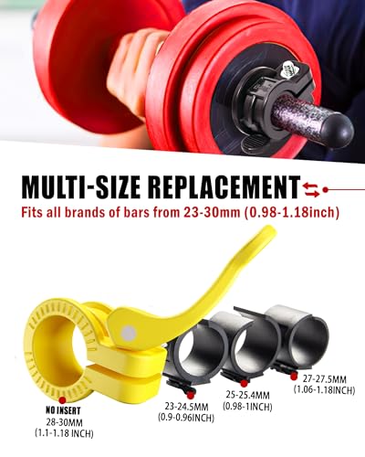 Narrow Barbell Clips 2.5cm Width for Olympic Bars, 0.9-1.18inch Adjustable Weight Clamps, Quick Release Locking Collars for Weightlifting - color: Yellow