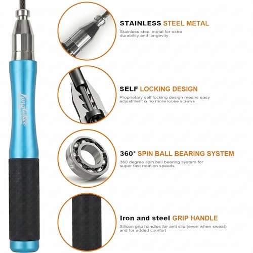 LANGETUKEE Speed Jump Rope - Professional Aluminum Alloy Skipping Rope with 360° Bearings - Adjustable 4mm Steel Cable for Double Unders, Boxing, MMA, HIIT & Cardio Training - Anti-Slip Grip - color: Blue3