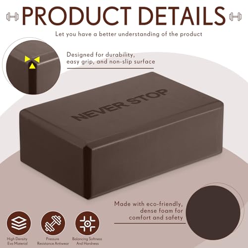 RoundFunny 4 Pack Yoga Blocks Non Slip Pilates Brick Foam Blocks Pilates Dance Gymnastics Workout Fitness Props Tool for Stretching Meditation and Exercise - color: Brown