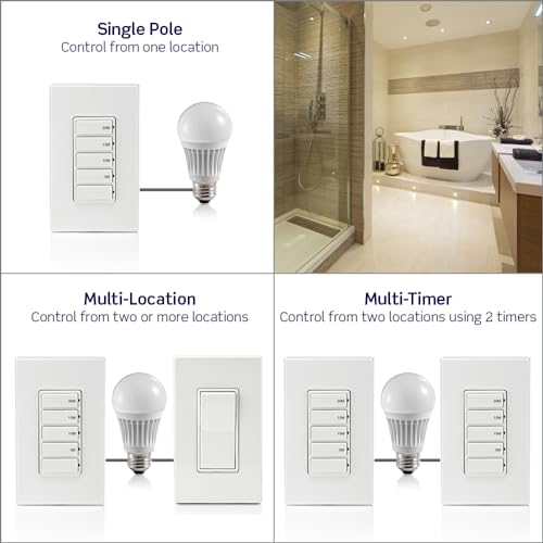 Leviton Countdown Switch for bathroom household lights, 5-10-15-30 min, Neutral Wire Required, 20A, 1HP/16A Fan/Motor, Single Pole, Multi-Way or Multi-Timer, DT230-1LW, White - style: 5-10-15-30 min, Neutral Wire Required