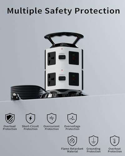 Power Strip Tower with 6 Outlets, 4 USB-A & 2 USB-C Ports, 1875W/15A Heavy Duty Charging Station for Multiple Devices, Plug Tower with 6ft Extension Cord, for Home, Office, Dorm - size: 2-Tier