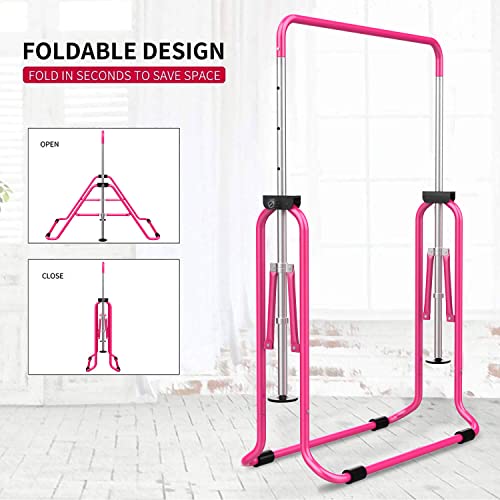 Tepemccu Gymnastics Bars, Adjustable Gymnastic Horizontal Bars for Kids | 5-Height Adjustable 34.8"-50.8", Foldable for Home Training, Include Children Gymnastics Rings and Bar Pad, Indoor Outdoor - color: Pink