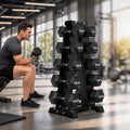 HANDBODE Rubber Coated Hex Dumbbell Set with A-Frame Rack, 100 lb - 600 lb Multiple Options Weight, Hexagon Non-Rolling Shape, Ergonomic Knurled Handle, Home Gym Equipment for Strength Training - style: 350 lb (25, 30, 35, 40, 45 lb) X 2 & Rack