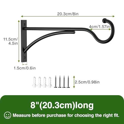 8 Inch 2 Pack Heavy Duty Plant Hangers Outdoor, Metal Plant Brackets for Hanging Baskets, Plant Wall Hooks for Bird Feeders, Wind Chimes & Lanterns, Premium Metal Hooks Matte Black, 30lbs Capacity - size: 8 in, 2 pk