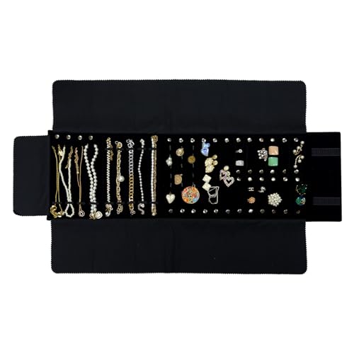 UnionPlus Velvet Jewelry Case Roll Bag for Necklace Bracelets, Extra Large with Elastic Band for Necklaces, Great Jewelry Organizer for Travel (Black - Multi) - color: Black Multi, size: Large