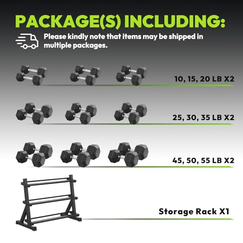 HANDBODE Rubber Coated Hex Dumbbell Set with Rack, 300-840 lb | Fixed Weights Sets with Heavy Duty Storage Stand, Multiple Weight Options Home Gym Equipment for Strength Training - style: 570 lb Set (10-55 lb) with Rack