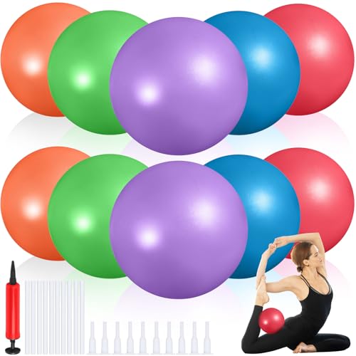 Aoriher 10 Pack 9 Inch Small Pilates Ball Bulk Mini Exercise Ball Portable Non-Slip Workout Yoga Balls with Air Pump for Stability, Barre, Fitness, Balance, Physical &Core, Gym Home Office Use - color: Rainbow Color