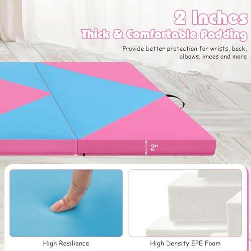 Goplus Gymnastics Mat, Folding Tumbling Mat with Carry Handles, Hook & Loop Fasteners, 4 Panels for Fitness Exercise Yoga Stretching Aerobics Workouts, Thick Gym Mats for Home - color: Blue&Pink