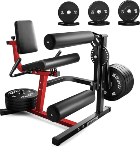 Leg Extension and Curl Machine, 4 in 1 Lower Body Workout Machine, Adjustable Leg Curl Machine with Plate Loaded, Leg Extension Machine with Exercise Bench, Home Gym Weight Machine - style: Red with 100lbs Weight Plates