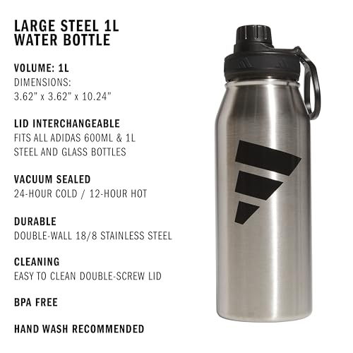 adidas Stainless Steel Metal Water Bottle 34 oz (1L) Screw Cap - color: Stainless Steel/Black