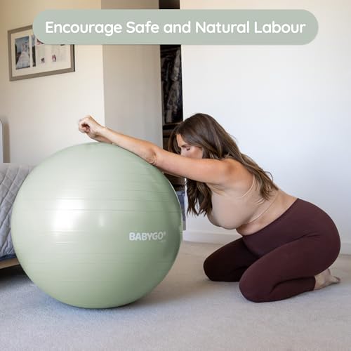 BABYGO Birthing Ball - Pregnancy Yoga Labor & Exercise Ball & Book Set Trimester Targeting, Maternity Physio, Birth & Recovery Plan Included Anti Burst Eco Friendly - color: Sage, size: 75cm - Manual