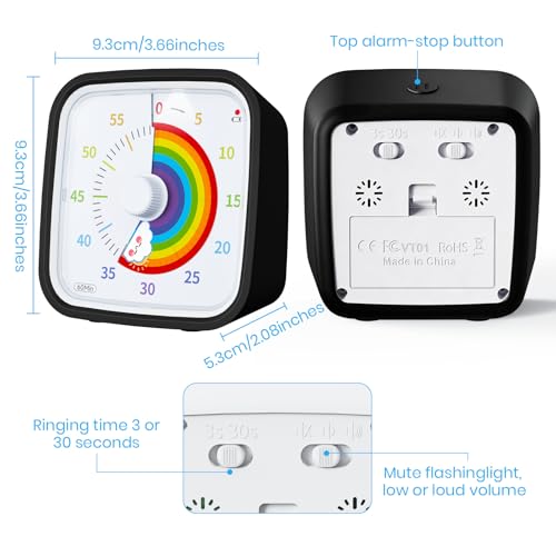 Yunbaoit Rainbow Visual Timer for Kids, 60-min Countdown Timer, Black | Protective Case, No Ticking, Mute and Ringing Alarm Available, Time Management Tool, Low Power Reminder, for Study,Game,Work - color: Black Rainbow