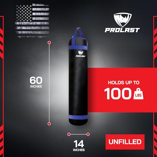 Heavy Punching Kicking Bag for Adults, Boxing, MMA, Martial Arts, Muay Thai, Strength Training Equipment, Filled, 5ft, 100 lbs, Colored Strap and Rhino Logo - color: Blue / Black, size: Unfilled