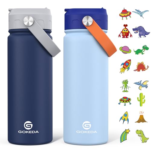 GoKEDA 18oz Kids Water Bottle, 2 Pack Insulated Bottles with Stickers, 18/8 Stainless Steel Vacuum Leak Proof Straw Cup for School, Gifts for Boys(Light Blue, Dark Blue) - color: Light Blue+Sapphire Blue