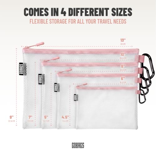 GOBAGS Air Production Multi‑Size Clear Zipper Pouch (4‑Pack) – Cable Organizer & Travel Gear Bag for Electronics, Camera Accessories, Tool Pouch & Small Tech Storage (Pink) - color: Pink, size: Multi
