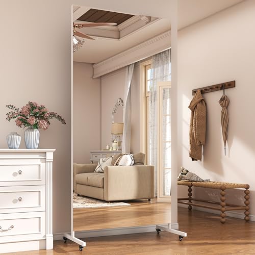 Hasipu 74.8" x 27.5" Full Length Floor Mirror on Wheels, White | Tempered glass, sturdy metal frame, smooth rolling casters, removable stand, ideal for gym, bedroom, dance studio & yoga. - color: White, size: 74.8"L x 27.8"W