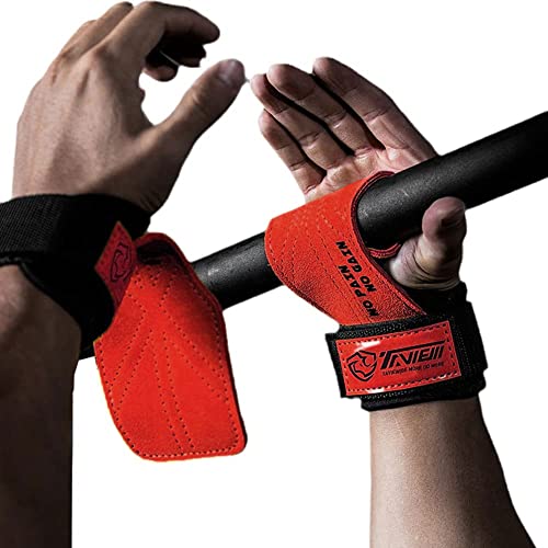 TAVIEW Wrist Straps for Weightlifting for Maximum Grip Support - Lifting Deadlift Strap & Weight Lifting Grips Gloves for Working Out Pull Up Deadlifting & Shrugs - color: red