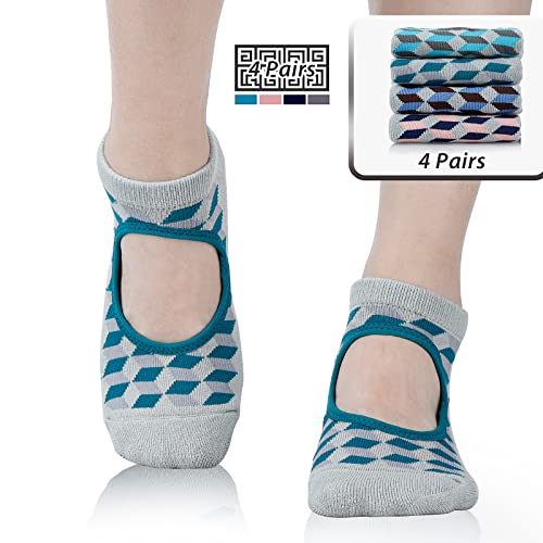 unenow Non Slip Grip Yoga Socks for Women with Cushion for Pilates, Barre, Home - color: 4 Pairs Grids-green/Blue/Pink/Lake Blue