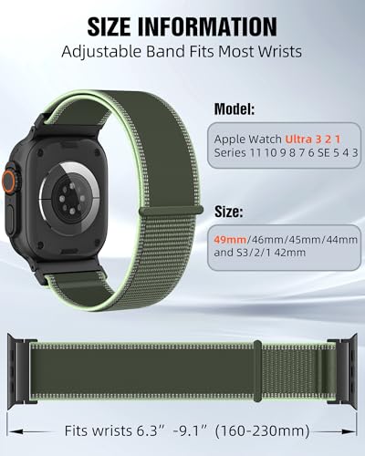 Trail Loop Nylon Sport Band Compatible with Apple Watch Ultra 3 2 Band for Men 49mm 46mm 45mm 44mm 42mm, Rugged Breathable Sport Adjustable Strap for iwatch bands Series 11/10/9/8/7/6/5/4, SE 3 2 1 - color: Green(Black)