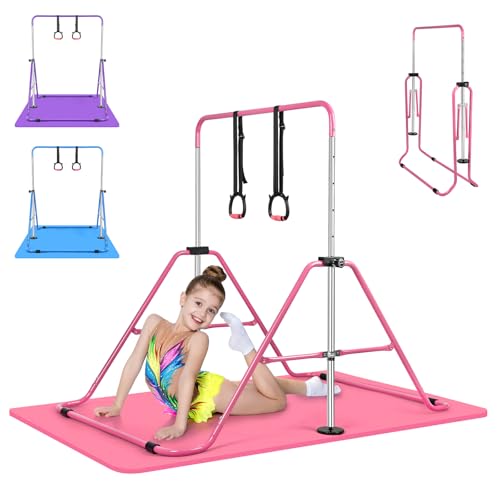 Expandable Gymnastics Bars with Ring, Adjustable Height Gymnastic Horizontal Bars, Gym Junior Training Bar Children Folding Training Monkey Bars for Kids - color: Mat+Pink
