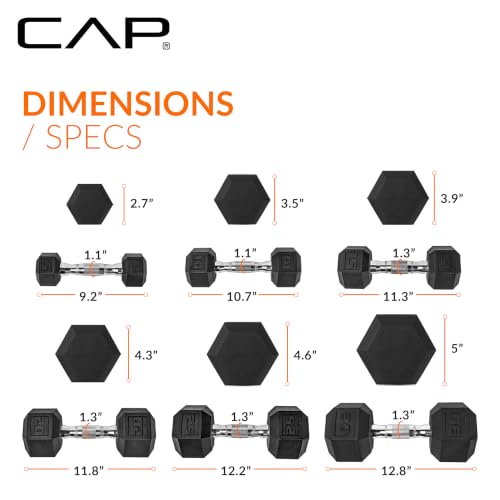 CAP Rubber Coated Hex Dumbbell Set with Storage Rack | 100–210 lb Options, Space-Saving Vertical Compact Storage for Home Gym Strength Training - size: 210 lb - Set - Silver Rack, style: Chrome Handles