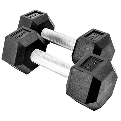 Rep Fitness Rubber Hex Dumbbell(s) - Singles (55LB +) and Pairs (5LB - 50LB) - Low Odor, Fully Knurled Handle - style: 12.5 LB Pair
