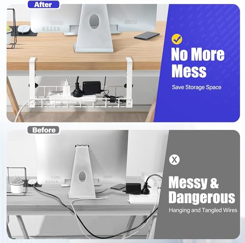 Under Desk Cable Management Tray, Xpatee Upgraded Wire Management No Drill No Screws, Cable Tray with Clamp for Wire Organizers, Computer Cord Rack for Office, Home - No Damage to Desk White - color: White