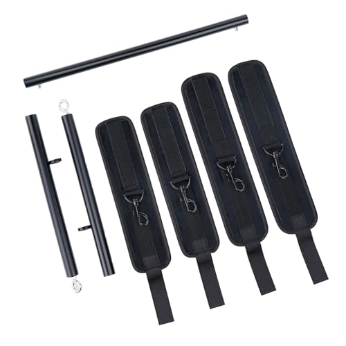 Heavy Duty Stainless Steel Expandable Spreader Bar with 4pcs PU Black--Pink Skull Pattern Detachable Adjustable Straps,Workout Bar for Home Indoor Gym Training Kit - style: Black+Black PU Furry Kit