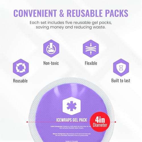 ICEWRAPS 4 inches Round Reusable Ice Packs with Cloth Backing 5-Pack Purple | Easy to Use Hot and Cold Gel Pack, Flexible Cold Packs, Leak-Resistant, Sensitive Skin Safe, Made in Canada, FSA-HSA Eligible - style: Purple- with Cloth Backing