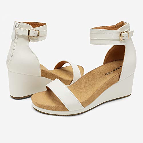 DREAM PAIRS Women's Open Toe Buckle Ankle Strap Platform Wedge Sandals Summer Shoes. - color: White/Pu, size: 6