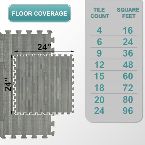 Sorbus Wood Grain Floor Tiles Foam Mat EVA Interlocking Mats Tile 3/8-Inch Thick Flooring Wood Puzzle Exercise Mats w/Borders - Home Playroom Basement, Apartment, Trade Show, Baby, Dance - color: Grey, size: 24 Pack
