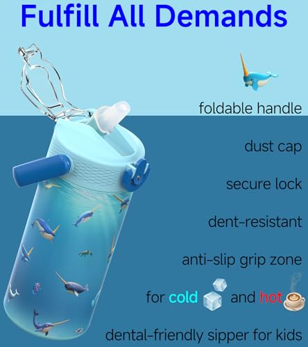 MYFOREST 14oz/400ml Insulated Kids Water Bottle, Odor-free Liner, 3D Touch | No Plastic Taste, Surgical Steel - No Chemical Leaching, Name Spot, Soft Sipper, Gift for Thalassophile, Ocean. Narwhals - color: Ocean. Narwhals