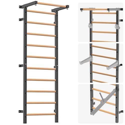Swedish Stall Bars 2"x2" with 1" Holes, Wall Mounted Wood Gym Ladder for Suspension Training, Home Gym, Calisthenics, Physical Therapy, School & Clinic - color: Swedish Ladder with Pull Up Bar