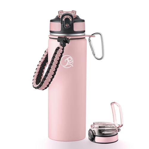 GOSWAG 24oz Insulated Stainless Steel Travel Water Bottle, 2 Lids | with straw and no straw, Paracord handle, Double-wall vacuum keeps drinks cold or hot, Leakproof tumbler - color: Matte Pink