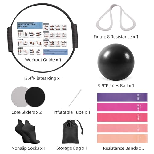 13 PCS Pilates Equipment Kit for Women,Pilates Ring and Ball Set with Resistance Bands,Core Sliders, Socks, Bag & Guide for Starter Home Workout Fitness Gym Essentials - color: Black