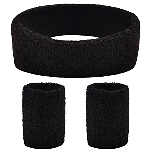 BLMHTWO 3 Pieces of Sweat Band Set, Headbands for Men Kids Sweatbands Including 1 Headband and 2 Wristbands Black Cotton Super Soft and Comfy Sweatband for Tennis Working Out Boxing Gym - color: black