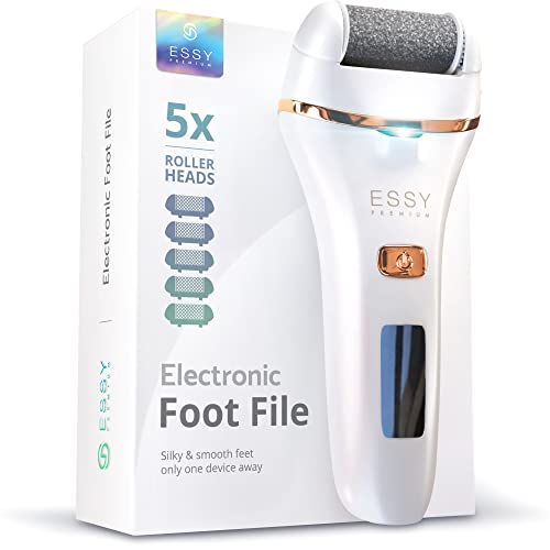 Essy Electric Foot File Rechargeable with 5 Replacement Rollers (White) | For Women's, Men's Smooth Feet, Waterproof, USB Charging, Pressure-Lock Safety - color: White