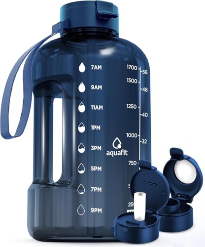 AQUAFIT Half Gallon Water Bottle with Time Marker | BPA Free Half Gallon Water Bottle with Straw and Chug Lids - Leakproof Gym Water Bottle with Carry Handle (Nebula) - color: Nebula, size: 64 Ounces