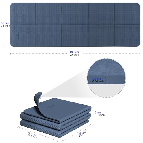 Readaeer Foldable Yoga Mat for Travel Folding Yoga Mat 6mm Thick with Carrying Bag, Non-Slip TPE Exercise Pilates Mat for 72" L x 24" W x 0.24 Inch | TPE Exercise Mat With Carrying Bag for Home Workout, Yoga, Pilates, Stretching - color: Blue